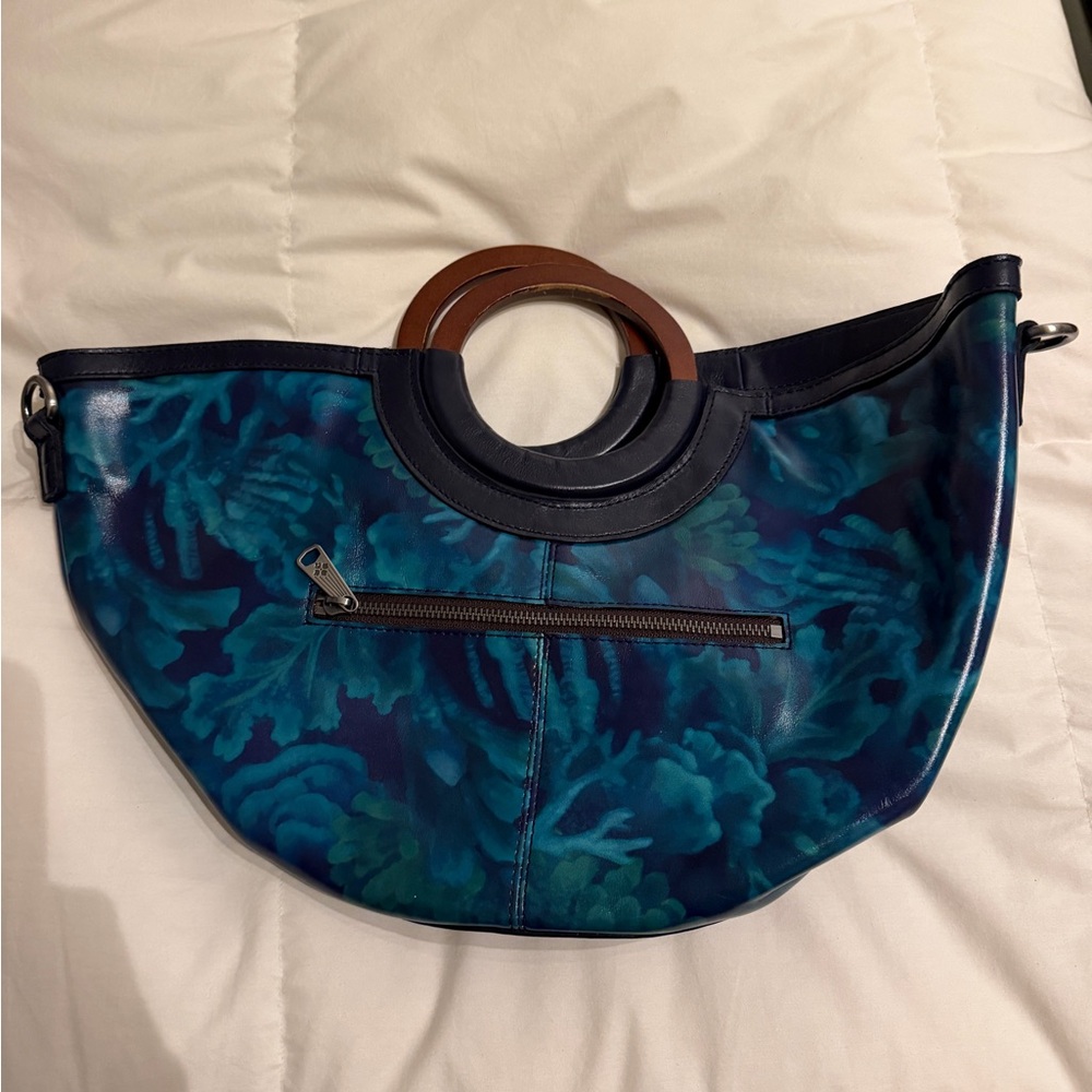 Patricia Nash Teal & Navy Floral Shoulder Bag with Wooden Ring Handles